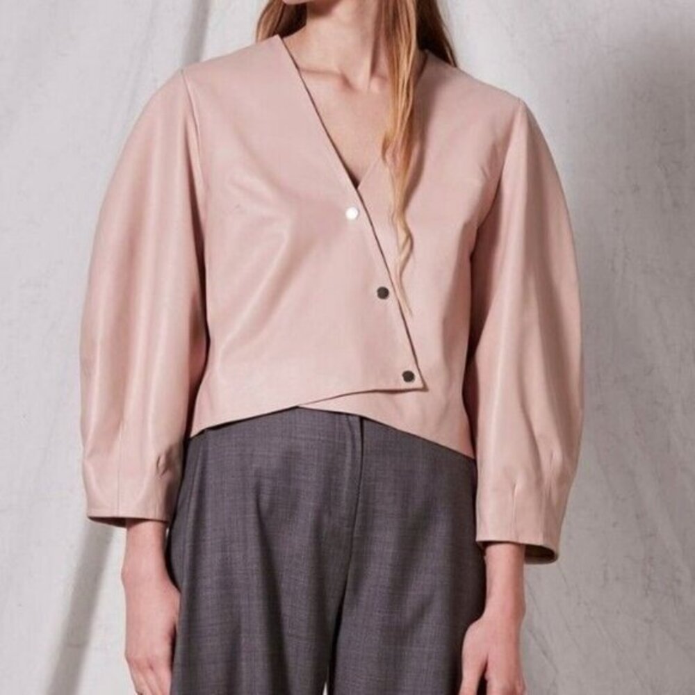 TOPSHOP Leather Jacket Soft Pink Wrap Top Snap On Cropped Size 10 NEW $320